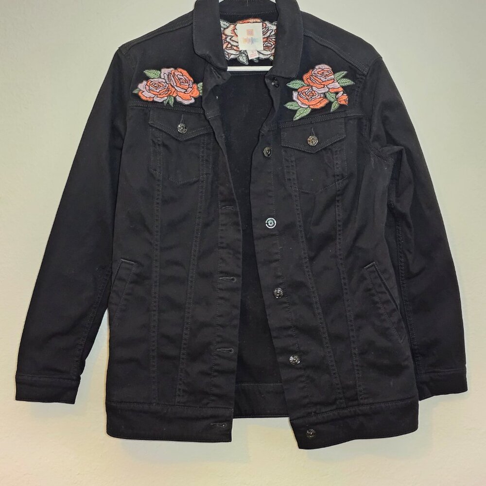LuLaRoe Women’s Rose Flower Floral Embroidered Black Jean Jacket Size S